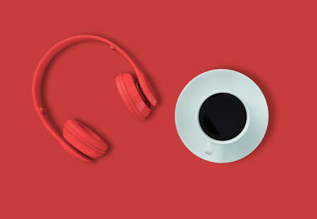 a headphones, Top view of headphones and black coffee cup on red background. Minimalist photo of earphones with copy space. red dj headphones, red headphones and coffee cup on red backgroundの写真素材