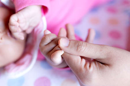 Soft focus of baby hands and mom, New family and baby protection concept, baby in the hand of mother close up, Parent holds Baby Hand Closeupの写真素材