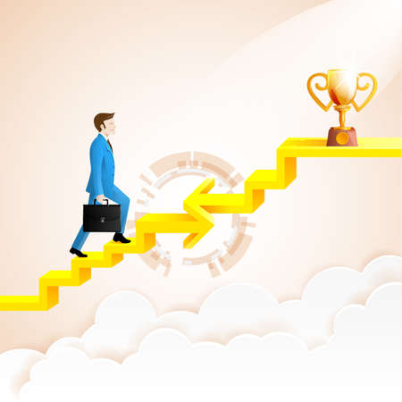 Businessman going up to the success with arrow connection staircase go to the trophies.arrow in impossible geometric shapes link.Vector Illustrationのイラスト素材