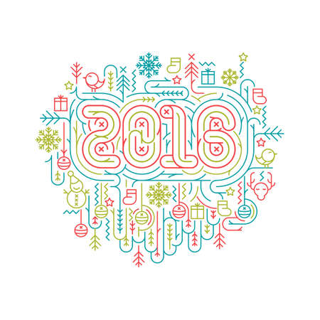 Flat line Christmas and New Year 2016 vector illustrations for greeting cards, banners