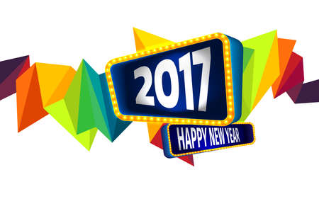 Colorful of Happy new year and abstract geometric background.The 2017 year on retro board with light bulbs billboard frame.Vector illustration eps 10のイラスト素材