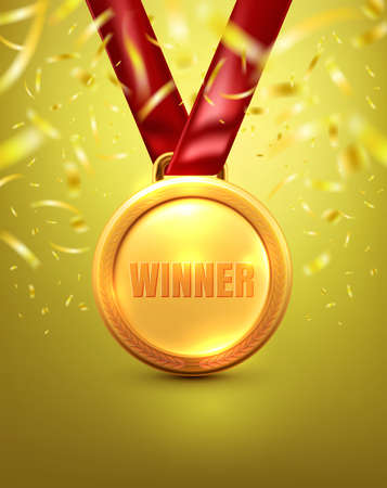 Vector of Gold medal with winner text on gold background. Winner or Award of Victory concept. Vector illustration.のイラスト素材
