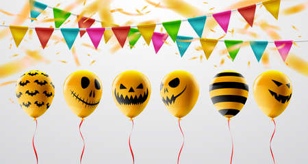 Happy Halloween decoration and party concept with Scary Air Balloons,Bunting Triangle Papers Flags and Confetti flying for Halloween Day.Vector illustration EPS 10のイラスト素材