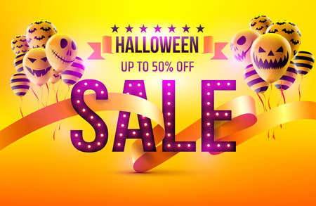 Happy Halloween Sale concept with Halloween Ghost Balloons.Scary air balloons and Retro light sign with "SALE" Text.Flyer or invitation template,Brochures,Poster or Banner.Vector illustration EPS10のイラスト素材