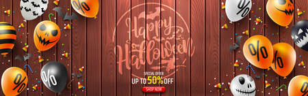 Halloween Sale Promotion Poster with candy and Halloween Ghost Balloons on vintage wooden board.Scary air balloons on wood background.Website spooky or banner  template.Vector illustration EPS10のイラスト素材