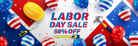 Labor Day Sale poster template. USA labor day celebration with American balloons flag. Sale promotion advertising Brochures, Poster or Banner for American Labor Dayのイラスト素材