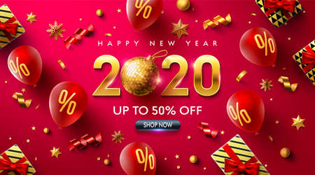 Happy New year 2020 Promotion Poster or banner with red balloons, gift box, golden ribbon and...