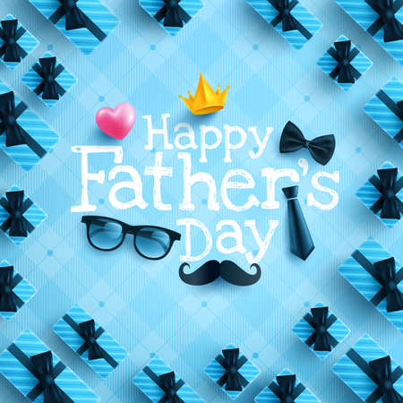 Happy Father's Day poster or banner template with necktie,glasses and heart on blue.Greetings and presents for Father's Day in flat lay styling.Promotion and shopping template for love dad conceptのイラスト素材