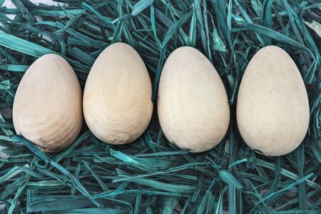 Easter wooden eggs on green grass の写真素材