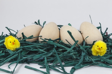 Easter wooden eggs on green grass with chickenの写真素材