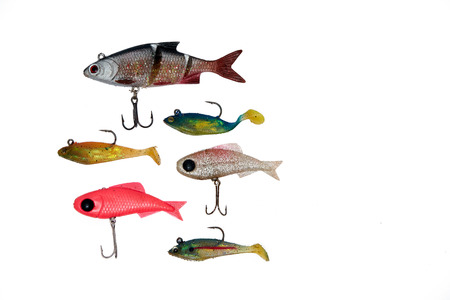 Fishing baits isolated on white background, top viewの写真素材