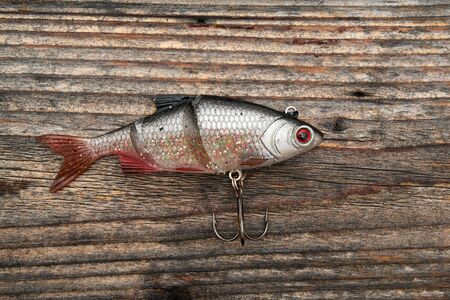 Fishing bait isolated on wooden backgroundの写真素材