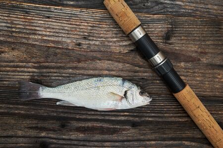 Spinning rod, reel and fish isolated on wooden background, top view