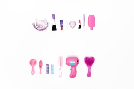 Children's plastic toys, on white backgroundの写真素材
