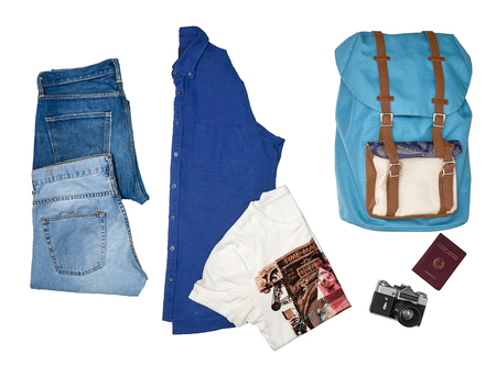 Mens casual outfit on white background, top viewの写真素材