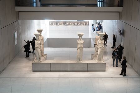 ATHENS, GREECE - FEBRUARY 25, 2016: Interior view of the new Acropolis museum in Athens. Caryatids sculpturesのeditorial素材