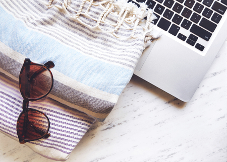 Summer accessories on white marble.の写真素材