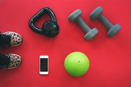 Gym equipment on red mat background, top view