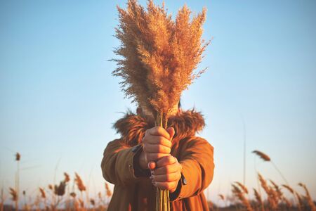 Girl holding a bouquet of dry flowerの写真素材
