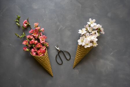 Flowers in ice cream cone on cement background