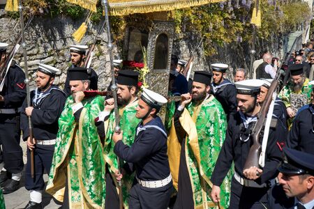 CORFU, GREECE - APRIL 30, 2016: The procession with the relics of the patron saint of Corfu, Saint Spyridon. Epitaph and litany of St. Spyridon.のeditorial素材