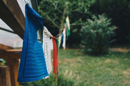 Buddhist prayer flags on a green garden.の写真素材