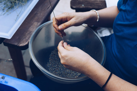 Womans hands clean lavender flowers on a bowl.の写真素材