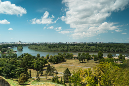 View of Sava and Danube rivers from kalemegdan fortress in Belgrade, Serbia.の写真素材