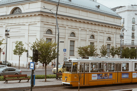 Budapest, Hungary. July 14, 2017. Yellow trams in Budapest, Hungary.のeditorial素材