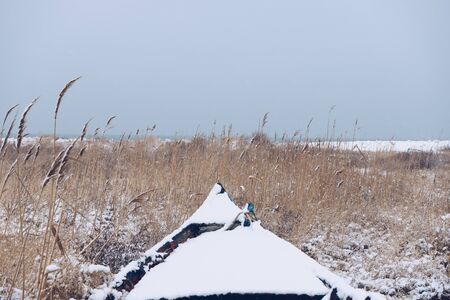 View from frozen old wooden boatの写真素材