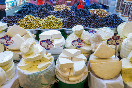 Konya, Turkey - December 16 ,2017: Cheese in traditional Turkish bazaar.のeditorial素材