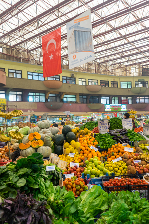 Konya, Turkey - December 16 ,2017:  Vegetables and fruits in traditional Turkish grocery bazaar.のeditorial素材