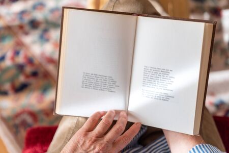 Mature woman is reading a book at home, top viewの写真素材