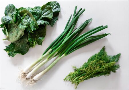 Fresh garden herbs over marble table. Green: green onions, dill and spinach