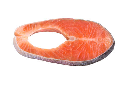 Piece of fresh salmon fish steak isolated on white background .
