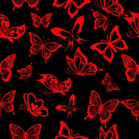 Seamless pattern, contour red butterflies on a black background, for factory productionのイラスト素材