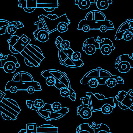 Seamless pattern, bright childrens toy cars on a black background, design for productionのイラスト素材