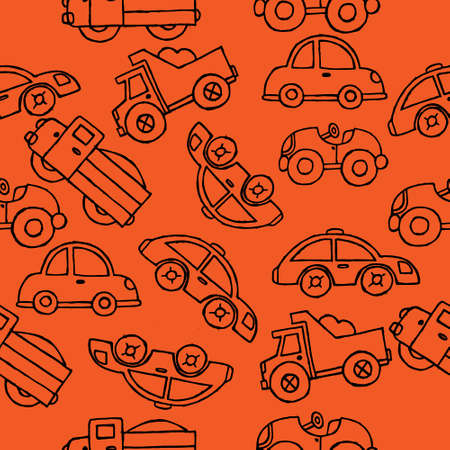 Seamless pattern, contour childrens toy cars on an orange background, design for productionのイラスト素材