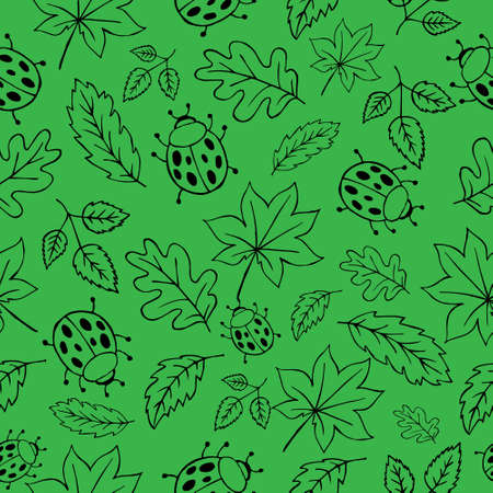 seamless pattern, summer, contour ladybugs, leaves of various shapes on a green backgroundのイラスト素材