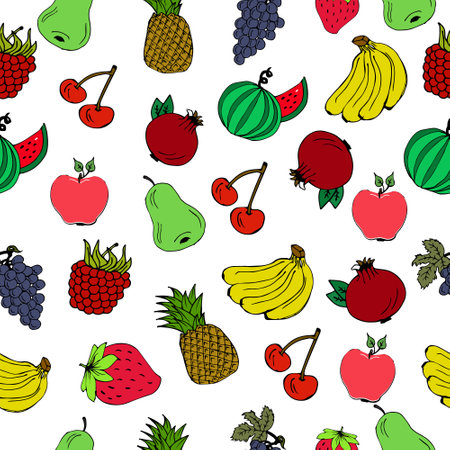 Seamless pattern of fruits, pineapple, grapes, apples, pears, raspberries, strawberries, watermelon,...