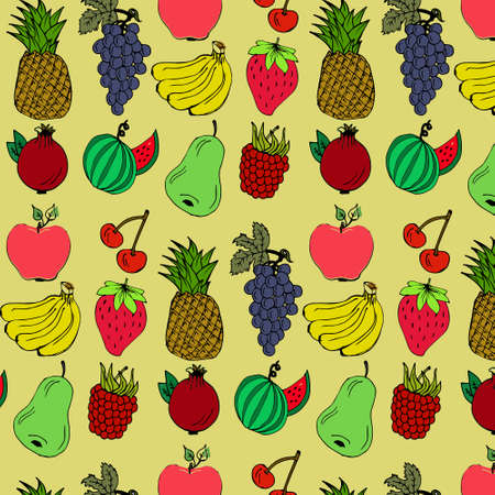 Seamless pattern of fruits, pineapple, grapes, apples, pears, raspberries, strawberries, watermelon, cherries, bananas on a pale yellow backgroundのイラスト素材