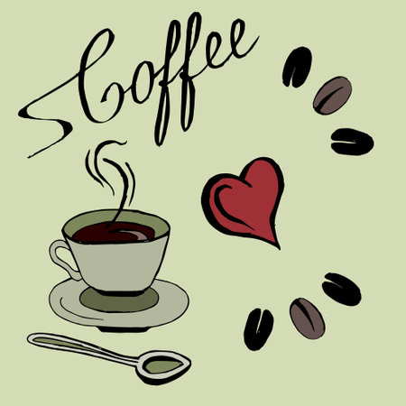 pattern on the theme of coffee, cup with coffee, spoon, coffee beans, heart on a gentle backgroundのイラスト素材
