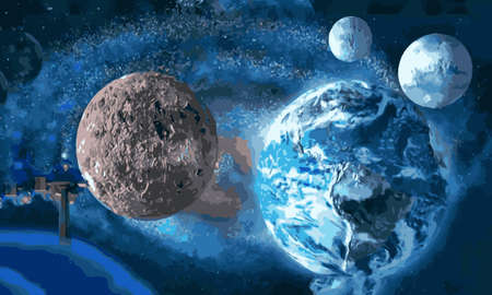 illustration, galaxy with hallographic effect, planets, stars, space station on hazy blue backgroundのイラスト素材