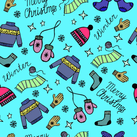 seamless pattern on the theme of Christmas and winter, sweater, mittens, hat, boots, socks on a turquoise backgroundのイラスト素材