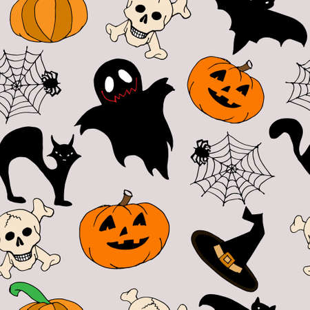 seamless pattern multicolored halloween, pumpkins, skull with bones, ghost, cat, bat, spider on a web on a gray backgroundのイラスト素材