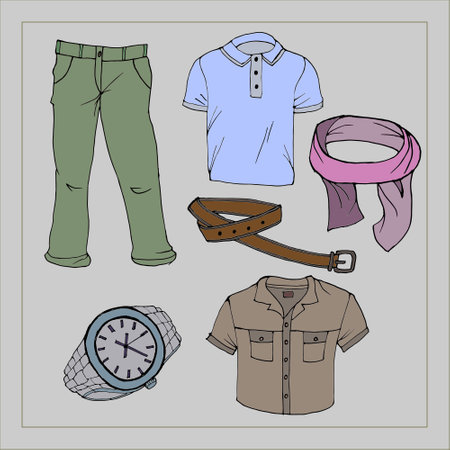 pattern, postcard, illustration, multicolored men's clothing and shoes, trousers, shirt, polo, watch, scarf, belt on a blue backgroundのイラスト素材