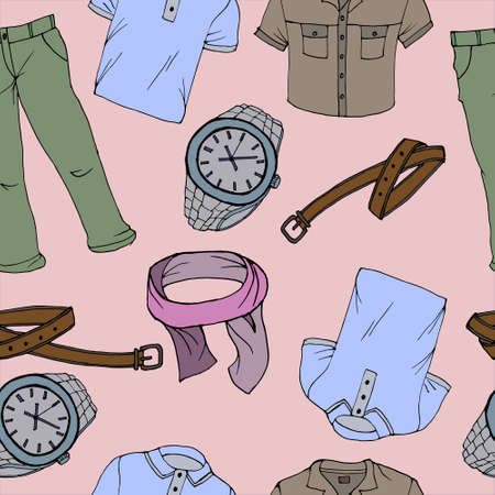 seamless pattern, illustration, multicolored men's clothing and shoes, trousers, shirt, polo, watch, scarf, belt on a pink backgroundのイラスト素材