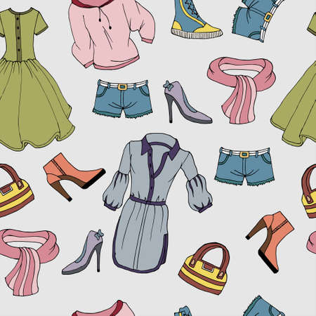 seamless pattern, illustration, multicolored women's clothing and shoes, dress, tunic, shorts, blouse, shoes, sneakers, bag, scarf, bootsのイラスト素材