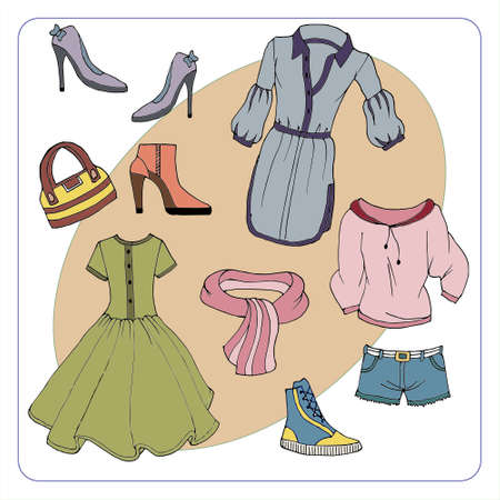 pattern, illustration, multicolored postcard, women's clothing and shoes, dress, tunic, shorts, blouse, shoes, sneakers, bag, scarf, bootsのイラスト素材
