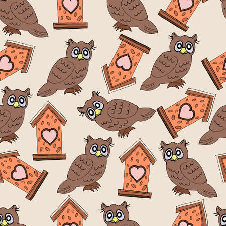 Vector illustration, seamless pattern, birds, owl and birdhouse in brown shades, great designのイラスト素材
